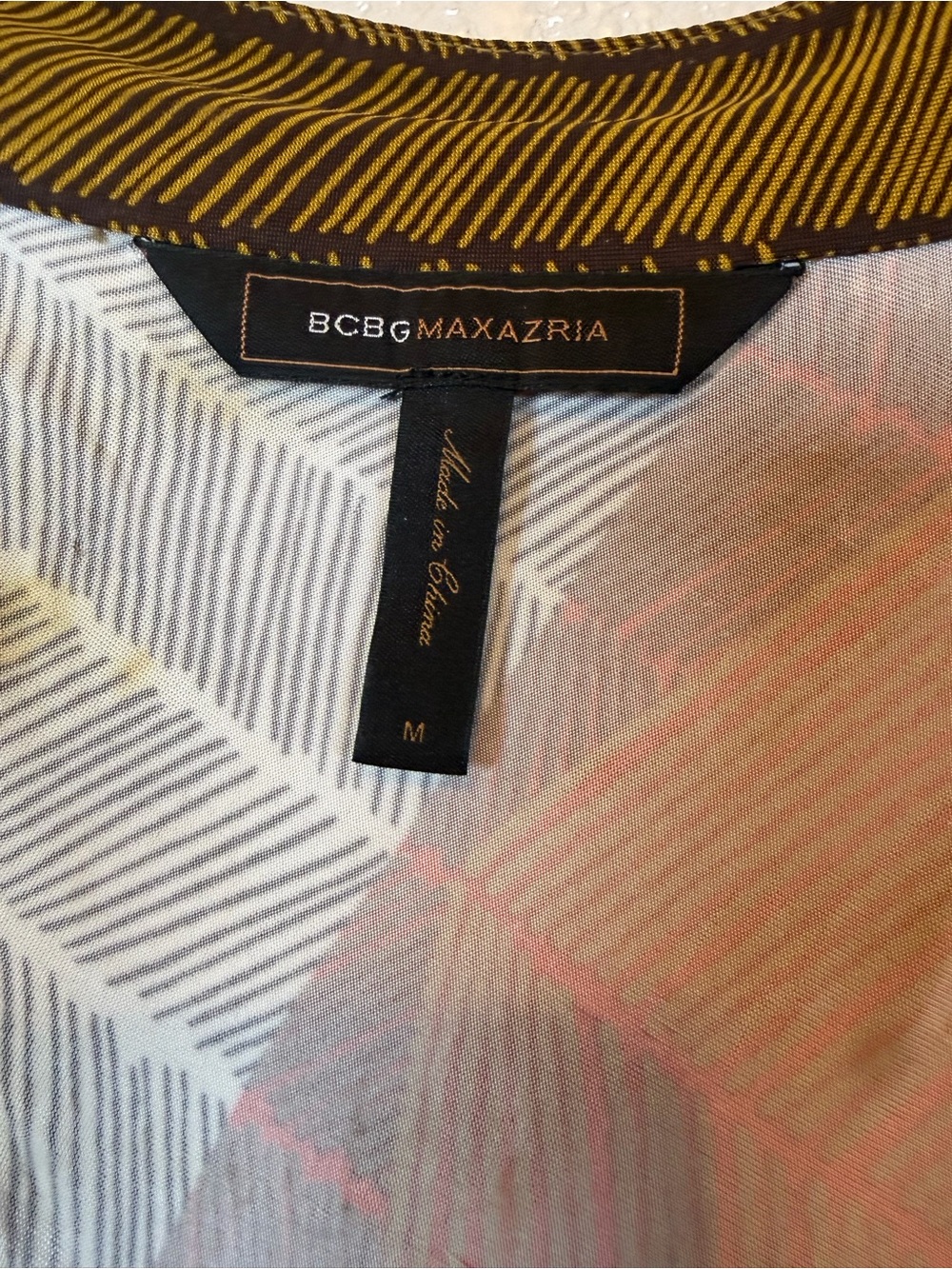 BCBGMaxAzria Mustard, Brown & White V-Neck Faux Wrap-Style Top. Size M - Picture 3 of 4